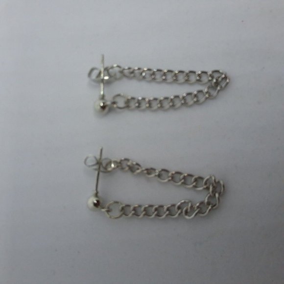 Earrings Chain Drop Ball Stud Silver Tone - Picture 1 of 6